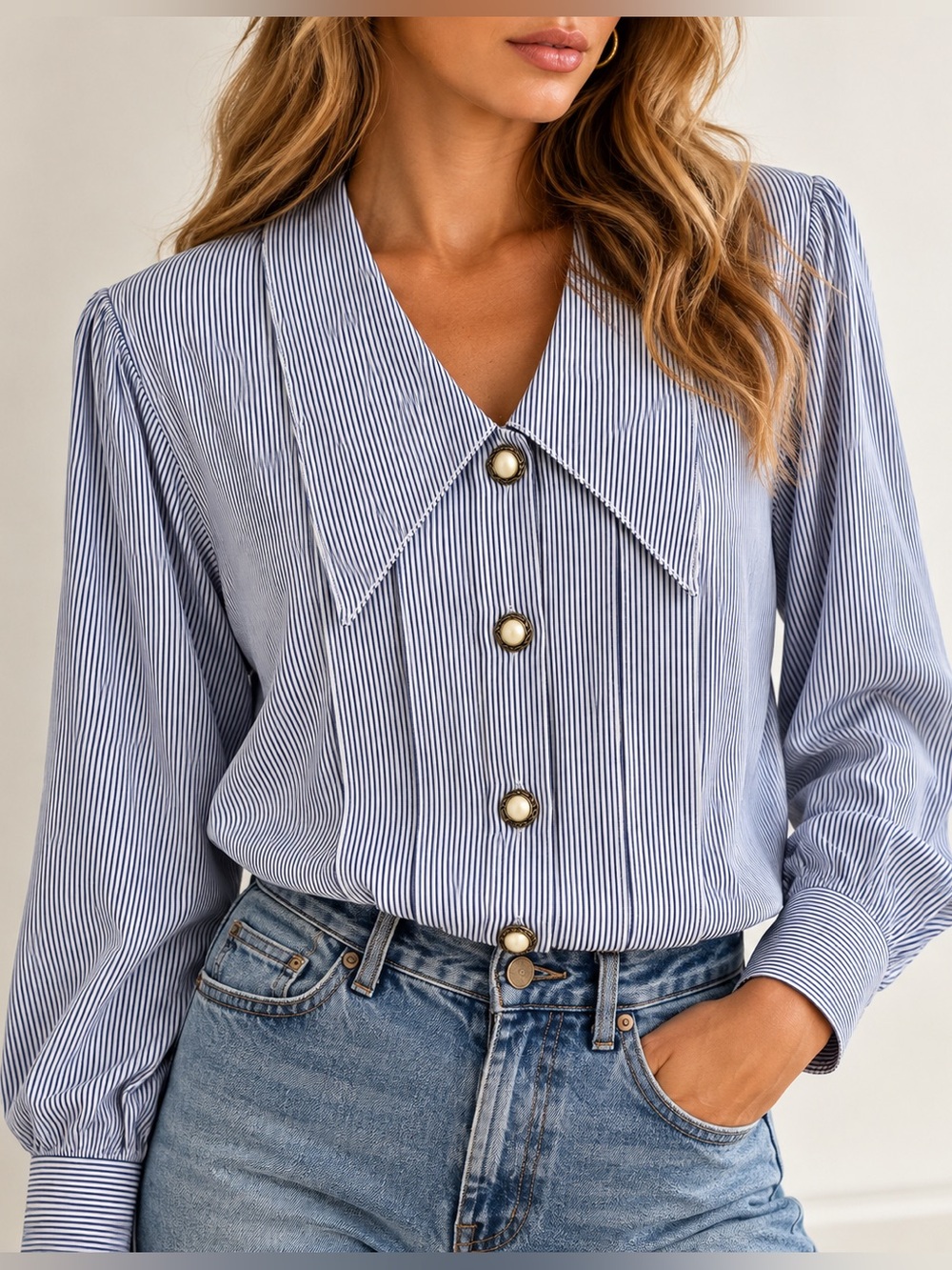 Vintage 80s OBR Rayon Pinstripe Blouse Pearl Buttons M Pintuck